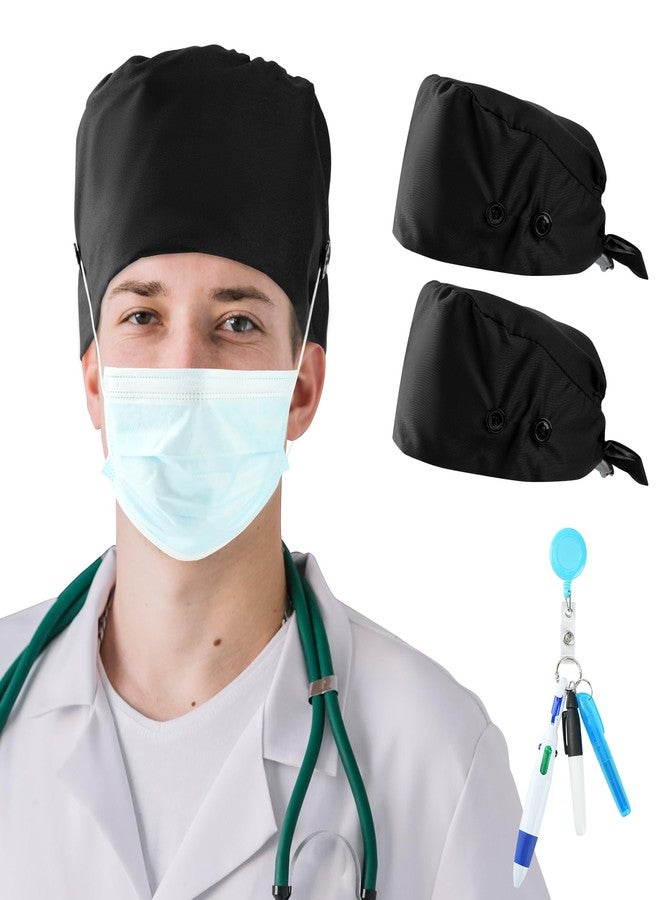 MISAKTEAM Scrub Cap Men Satin Lined Surgical Caps for Women Scrub Hats Mens Nurse Cap Silk Dental Surgeon Bonnet with 4 Buttons Fall Black - Image 1
